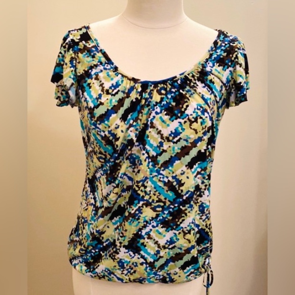 Carole Little Lime Green Blue Abstract Short Tier Sleeve Tie Waist Casual Top M
